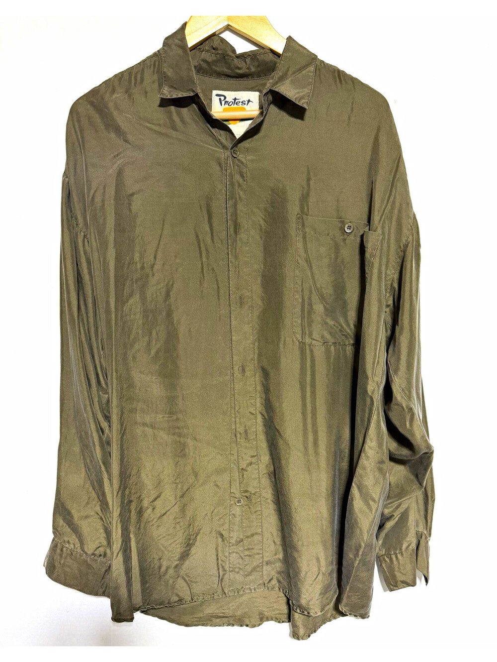 Protest Men's L Gray Solid Silk Woven Long Sleeve Point Collar Button-Up Shirt